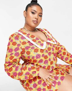 Never Fully Dressed Plus Oversized Collar Mini Dress In Yellow Floral For Women -Never Fully Dressed Sales 202046864 4
