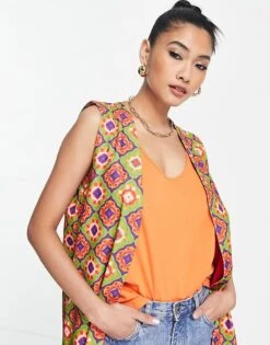 Never Fully Dressed Longline Sleeveless Blazer Co-ord In Pink Geometric Print For Women -Never Fully Dressed Sales 202047941 4