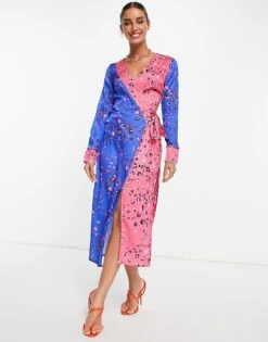 Never Fully Dressed Long Sleeve Wrap Midi Dress In Contrast Leopard For Women Pink/cobalt/leopard -Never Fully Dressed Sales 202152276 1 pinkcobaltleopard 1