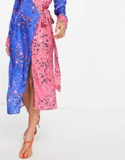 Never Fully Dressed Long Sleeve Wrap Midi Dress In Contrast Leopard For Women Pink/cobalt/leopard -Never Fully Dressed Sales 202152276 3