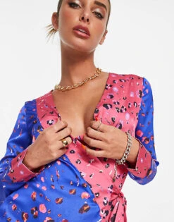 Never Fully Dressed Long Sleeve Wrap Midi Dress In Contrast Leopard For Women Pink/cobalt/leopard -Never Fully Dressed Sales 202152276 4