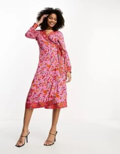 Never Fully Dressed Contrast Wrap Midi Dress In Pink And Red Chilli Print For Women