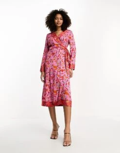 Never Fully Dressed Contrast Wrap Midi Dress In Pink And Red Chilli Print For Women -Never Fully Dressed Sales 204514557 3