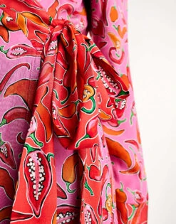 Never Fully Dressed Contrast Wrap Midi Dress In Pink And Red Chilli Print For Women -Never Fully Dressed Sales 204514557 4