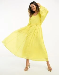 Never Fully Dressed Balloon Sleeve Tie Maxi Dress In Yellow For Women -Never Fully Dressed Sales 204514573 1 yellow 1