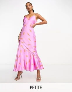 Never Fully Dressed Petite Asymmetric Contrast Satin Slip Dress In Lilac Lobster For Women Lobster Print