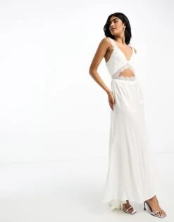 Never Fully Dressed Bridal Lace Satin Fishtail Maxi Dress In Ivory For Women