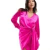 Never Fully Dressed Petite Satin Wrap Mini Dress In Bright Pink For Women