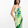 Never Fully Dressed Satin Midaxi Dress In Green Marble Print For Women