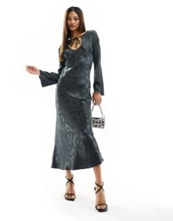 Never Fully Dressed Bell Sleeve Jacquard Midaxi Dress In Charcoal Snake For Women Slate Grey