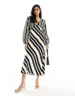 Never Fully Dressed Crochet Balloon Sleeve Maxi Dress In Monochrome Stripe For Women Monohrome