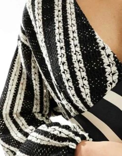 Never Fully Dressed Crochet Balloon Sleeve Maxi Dress In Monochrome Stripe For Women Monohrome -Never Fully Dressed Sales 205978144 3