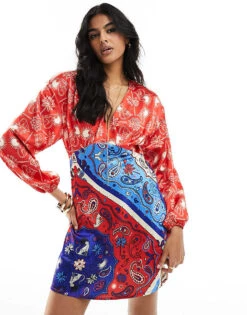 Never Fully Dressed Balloon Sleeve Mini In Red Bandana Print For Women Red/cobalt -Never Fully Dressed Sales 205978159 3
