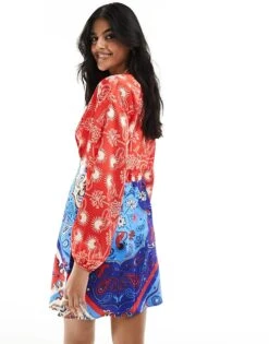 Never Fully Dressed Balloon Sleeve Mini In Red Bandana Print For Women Red/cobalt -Never Fully Dressed Sales 205978159 4