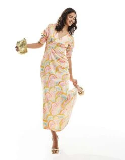 Never Fully Dressed Metallic Puff Sleeve Midaxi Dress In Rainbow Print For Women Multi