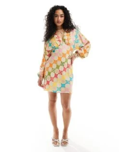 Never Fully Dressed Flared Sleeve Mini Dress In Bright Print For Women Multi