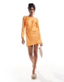 Never Fully Dressed Soho Embossed Satin Mini Dress In Orange For Women Apricot