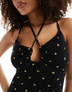 Never Fully Dressed Cross Neck Gold Fleck Plisse Midaxi Dress In Black For Women -Never Fully Dressed Sales 206404150 4