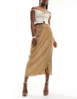 Never Fully Dressed Jaspre Plisse Midi Skirt In Gold For Women -Never Fully Dressed Sales 206404210 1 gold 1