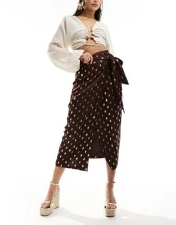 Never Fully Dressed Jaspre Gold Fleck Midi Skirt In Chocolate For Women
