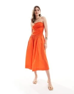 Never Fully Dressed Bandeau Cotton Poplin Midaxi Dress In Tomato Red For Women