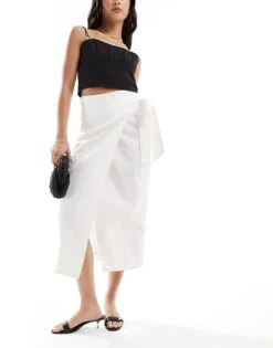 Never Fully Dressed Jaspre Linen Wrap Midaxi Skirt In White For Women