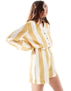 Never Fully Dressed Striped Shorts Co-ord In Neutral Stripe For Women Beige/white