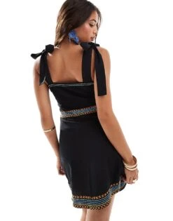 Never Fully Dressed Corfu Bow Shoulder Embroidered Mini Dress In Black For Women -Never Fully Dressed Sales 206404639 4