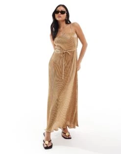 Never Fully Dressed Petite Luna Plisse Maxi Dress In Gold For Women -Never Fully Dressed Sales 206411266 4
