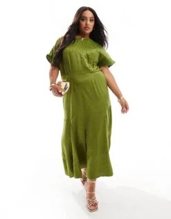 Never Fully Dressed Plus Satin Jacquard Midaxi Dress In Olive For Women