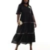 Never Fully Dressed Plus Embroidered Contrast Stitch Midaxi Shirt Dress In Black For Women