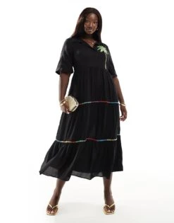 Never Fully Dressed Plus Embroidered Contrast Stitch Midaxi Shirt Dress In Black For Women