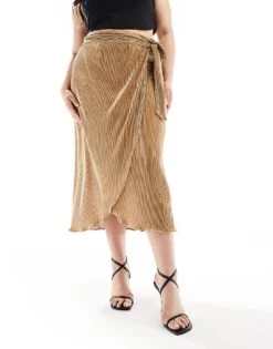Never Fully Dressed Plus Jaspre Plisse Midi Skirt In Gold For Women