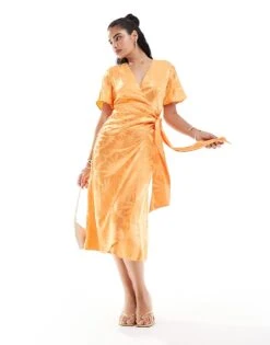Never Fully Dressed Embossed Satin Midi Dress In Orange For Women