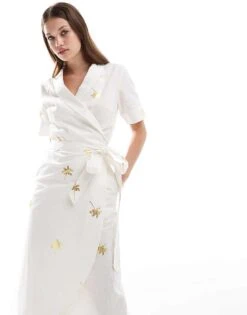 Never Fully Dressed Metallic Wrap Midi Dress In White And Gold For Women White/gold -Never Fully Dressed Sales 207007905 3