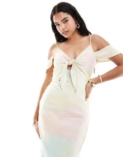 Never Fully Dressed Tie Front Metallic Midi Dress In Pastel And Gold For Women Pastel/gold