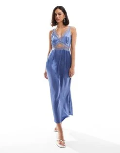 Never Fully Dressed Lace Cut-out Slip Midaxi Dress In Dusty Blue For Women