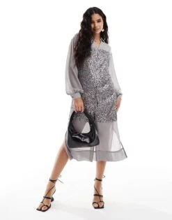 Never Fully Dressed Lila Sequin Shirt Midaxi Dress In Gunmetal For Women
