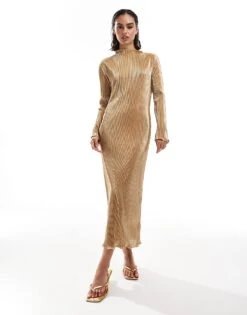 Never Fully Dressed High Neck Plisse Maxi Dress In Gold For Women
