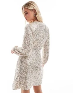 Never Fully Dressed Petite Vienna Sequin Wrap Mini Dress In Silver For Women -Never Fully Dressed Sales 207034614 4