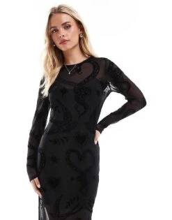 Never Fully Dressed Petite Romance Mesh Maxi Dress With Slip In Black For Women -Never Fully Dressed Sales 207034625 2