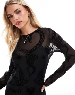 Never Fully Dressed Petite Romance Mesh Maxi Dress With Slip In Black For Women -Never Fully Dressed Sales 207034625 3