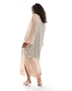 Never Fully Dressed Petite Lila Sequin Shirt Midaxi Dress In Silver For Women Silver/blush -Never Fully Dressed Sales 207034641 4