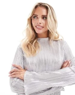 Never Fully Dressed Petite High Neck Plisse Maxi Dress In Silver For Women -Never Fully Dressed Sales 207034653 3