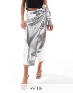 Never Fully Dressed Petite Jaspre PU Midi Skirt In Silver For Women -Never Fully Dressed Sales 207034675 1 silver 1