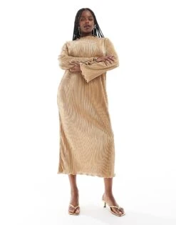 Never Fully Dressed Plus High Neck Plisse Maxi Dress In Gold For Women