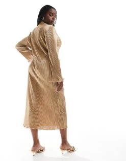 Never Fully Dressed Plus High Neck Plisse Maxi Dress In Gold For Women -Never Fully Dressed Sales 207044055 4