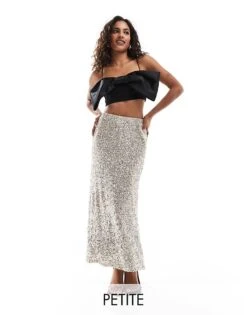 Never Fully Dressed Petite Sequin Maxi Skirt In Silver For Women
