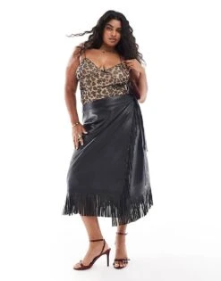 Never Fully Dressed Plus PU Fringe Midaxi Skirt In Black For Women -Never Fully Dressed Sales 207062856 1 black 1