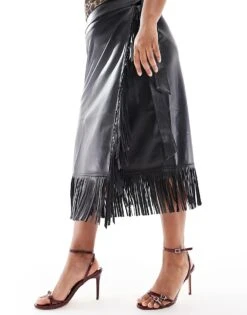 Never Fully Dressed Plus PU Fringe Midaxi Skirt In Black For Women -Never Fully Dressed Sales 207062856 3